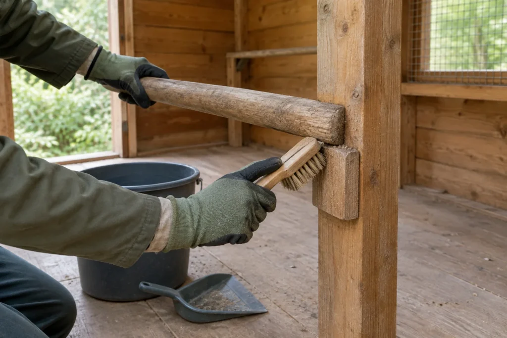 Eine Person mit Handschuhen bürstet die Anschlussstelle einer Sitzstange aus Holz in einem leeren Hühnerstall. Auf dem Boden stehen ein Eimer und eine Kehrschaufel.