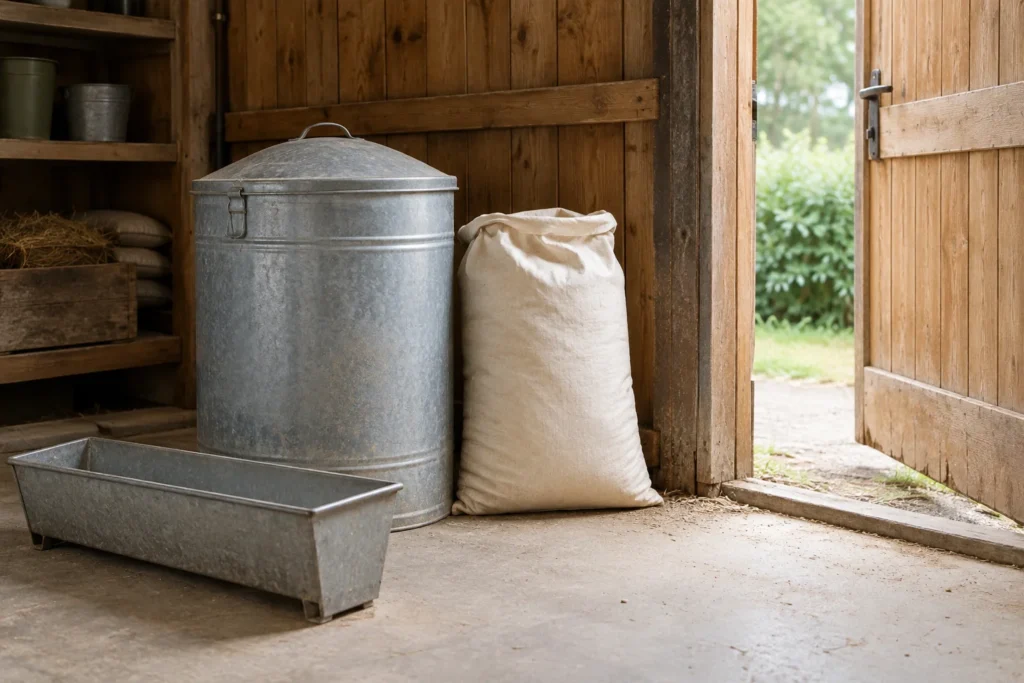 Ein Vorratsbehälter aus Metall mit Deckel, ein heller Sack und ein Futtertrog aus Metall in einem Holzschuppen mit offener Tür.