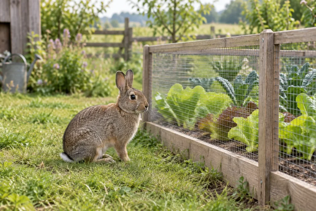 Illustration eines Wildkaninchens neben einem Gemüsebeet mit Drahtgeflecht.