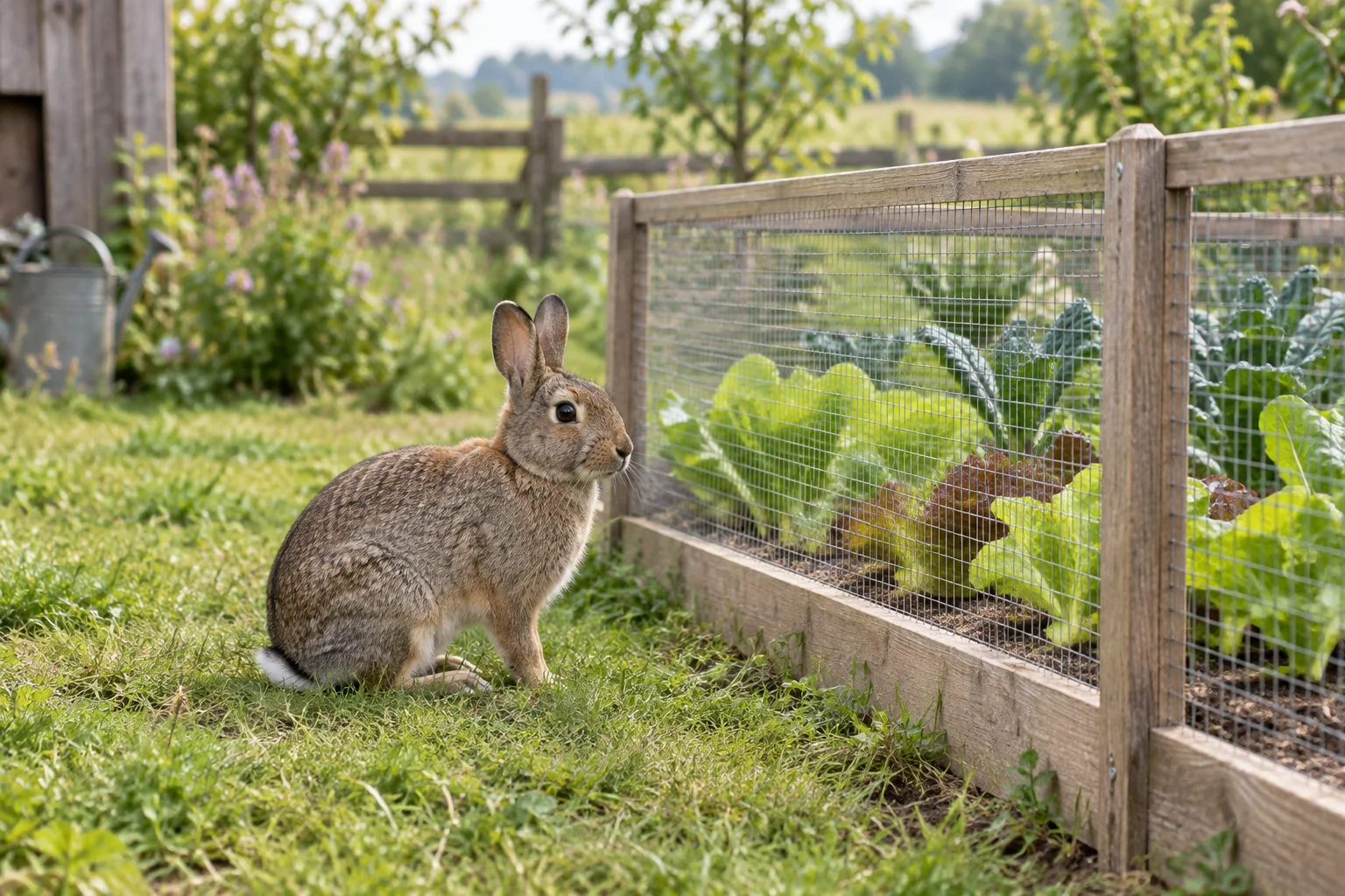 Illustration eines Wildkaninchens neben einem Gemüsebeet mit Drahtgeflecht.