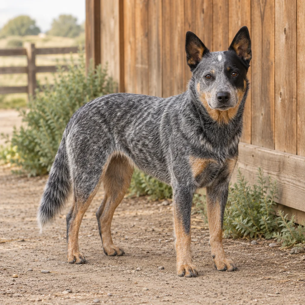 Blau gesprenkelter Hund mit aufrecht stehenden Ohren und langem Schwanz steht auf einem Hof neben einer Holzscheune.