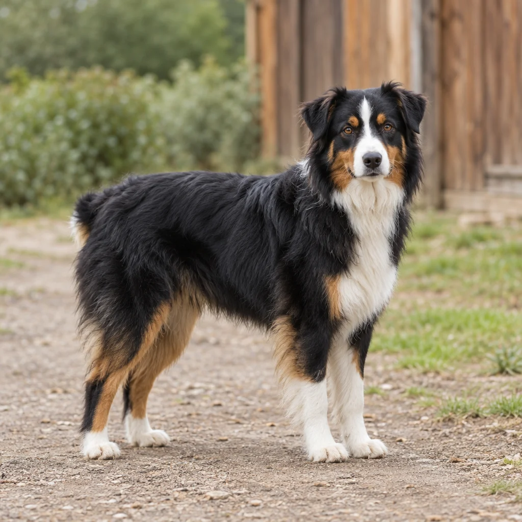 Ein schwarz weiß brauner Hund steht auf einem Kiesweg neben einem Holzgebäude. Alle vier Pfoten sind zu sehen.