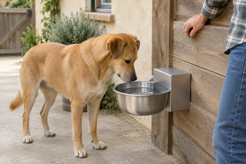 Ein hellbrauner Hund steht an einer mit Wasser gefüllten Tränke aus Metall an einer Holzwand. Neben der Tränke ist ein Teil einer Person zu sehen.
