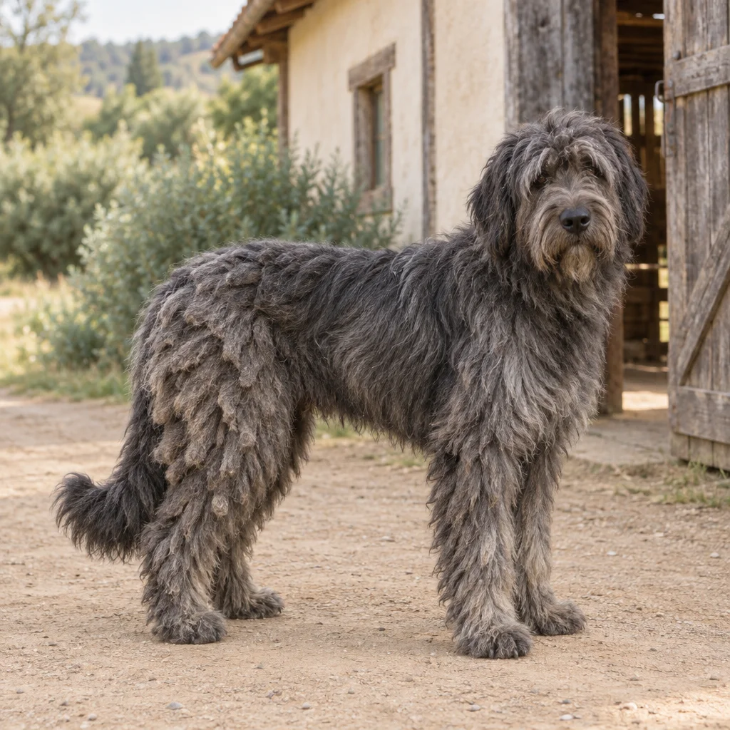 Grauer Hund mit langem, teilweise verfilztem Fell steht mit vier sichtbaren Pfoten auf einem Hof neben einer Holzscheune.