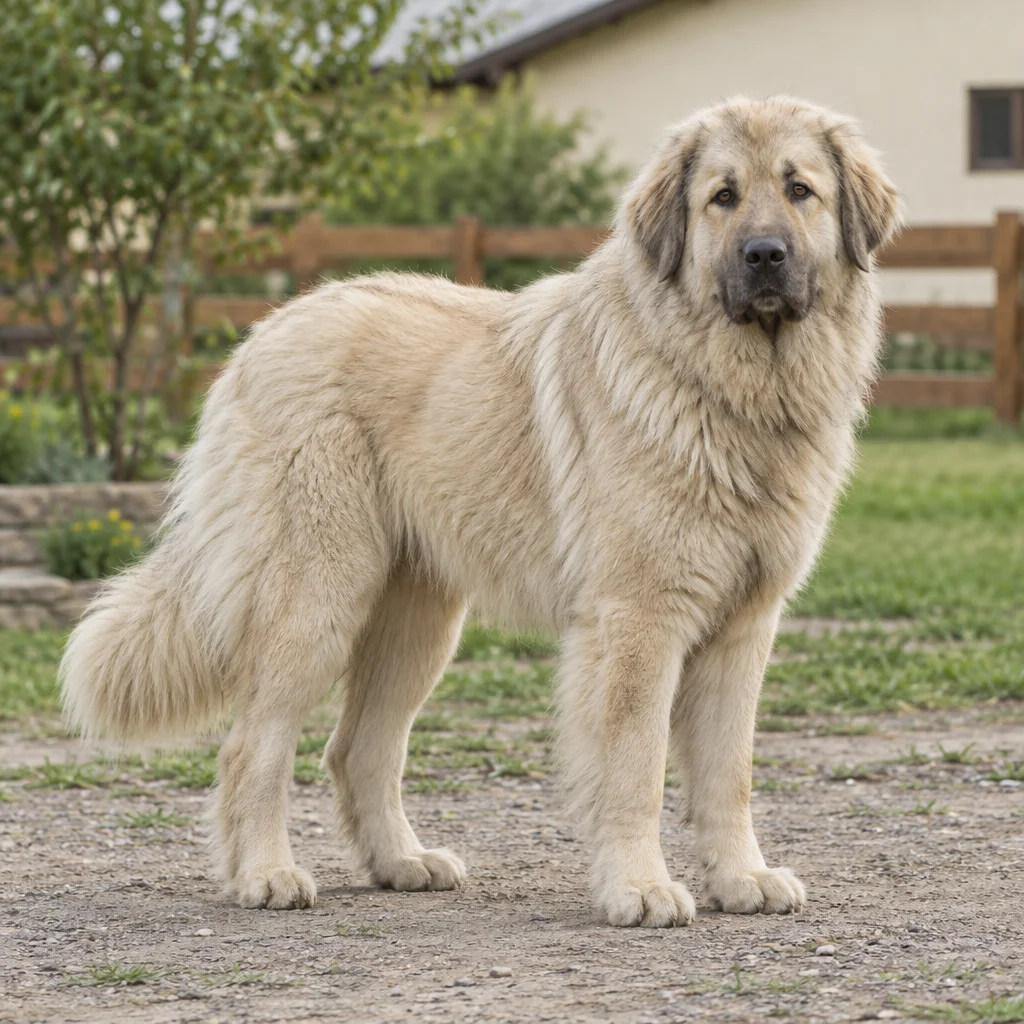 Großer, heller Hund mit dichtem Fell und hängenden Ohren steht auf einem Grundstück vor einem Holzzaun.