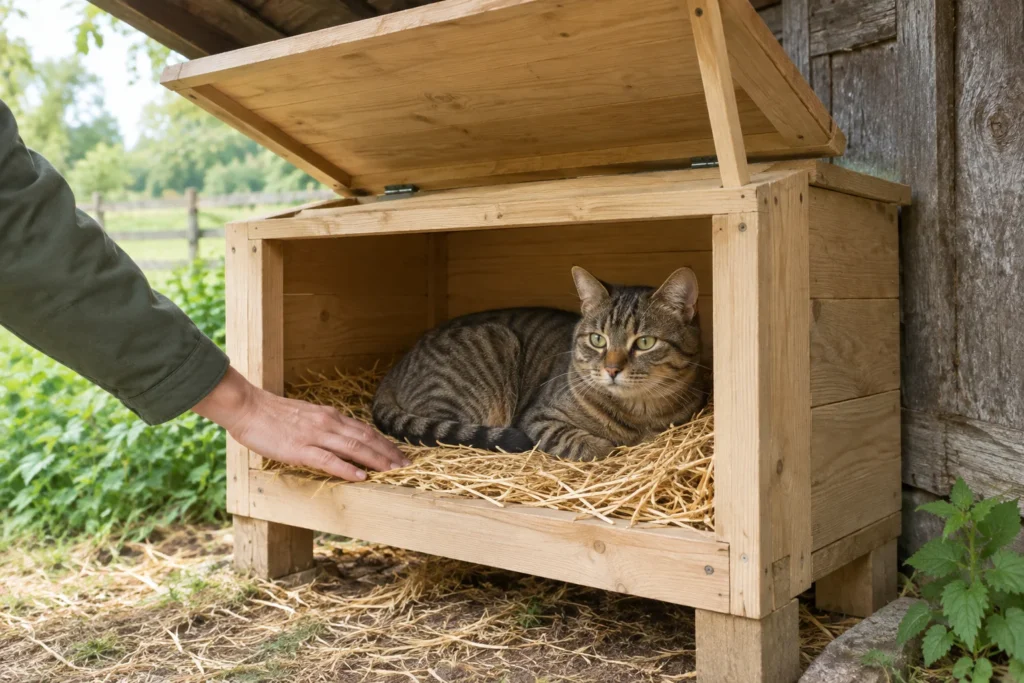 Eine getigerte Katze liegt auf Stroh in einem erhöhten Holzhaus. Der Deckel ist geöffnet und eine Hand berührt das Stroh.