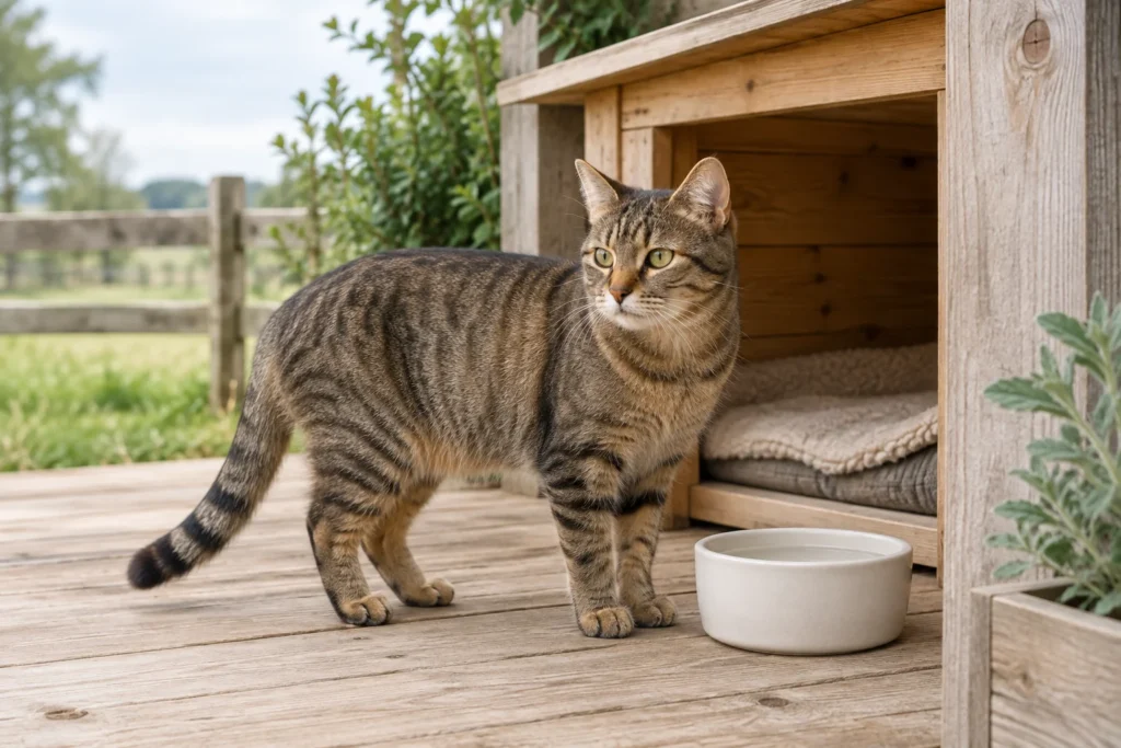 Eine braun getigerte Katze steht auf einer Holzveranda neben einem Wassernapf und einem geschützten Platz mit einer Decke.