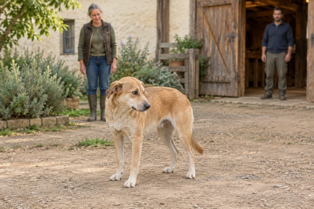 Ein hellbrauner Hund steht auf einem Hof und hat den Kopf zur Seite gedreht. Zwei Menschen stehen in einiger Entfernung bei einer Scheune.