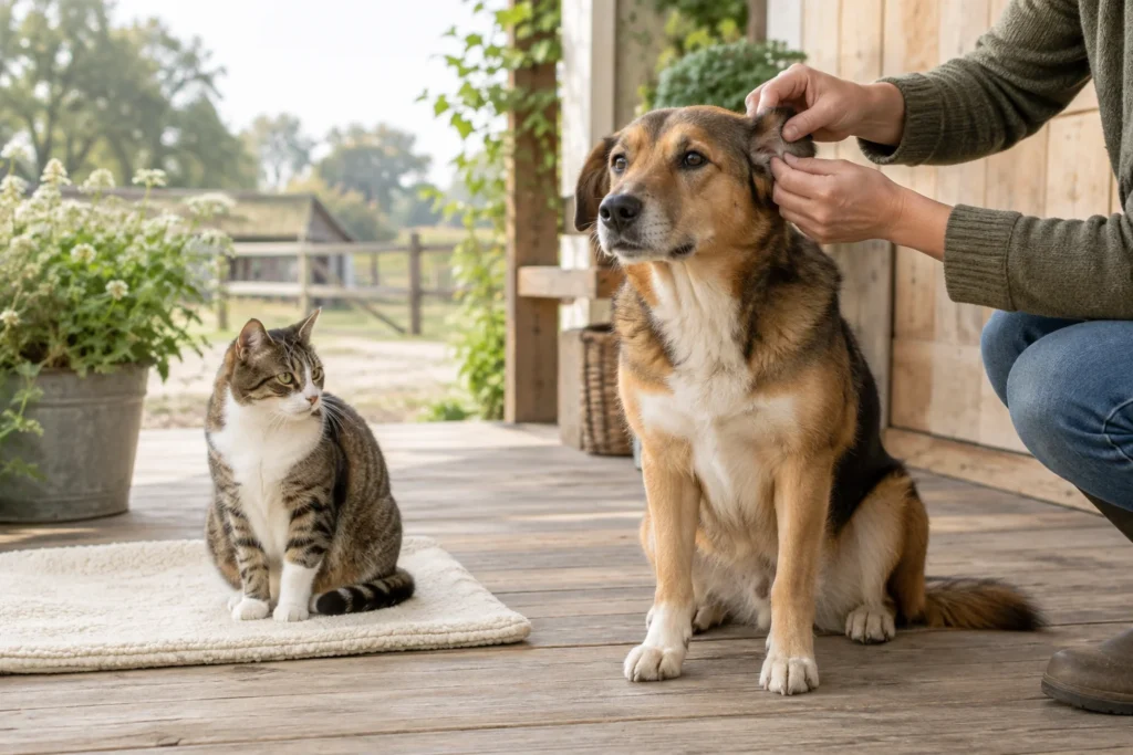 Eine Person schaut hinter das Ohr eines sitzenden Hundes, während daneben eine Katze auf einer hellen Matte auf einer Holzveranda sitzt.