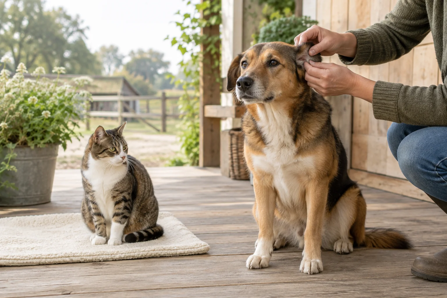 Eine Person schaut hinter das Ohr eines sitzenden Hundes, während daneben eine Katze auf einer hellen Matte auf einer Holzveranda sitzt.