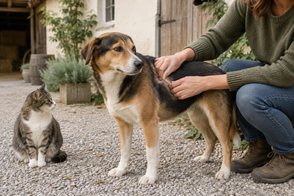 Eine Person untersucht auf dem Hof das Fell eines Hundes, während eine Katze daneben sitzt.