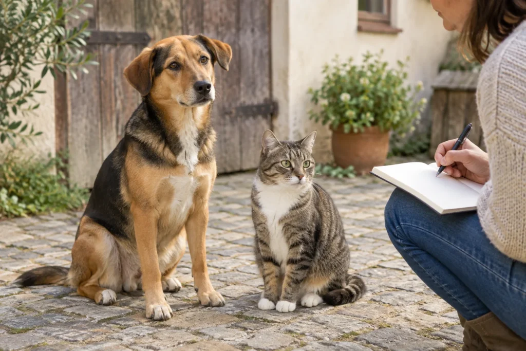 Ein Hund und eine Katze sitzen auf einem Hof neben einer Person mit einem Notizbuch.