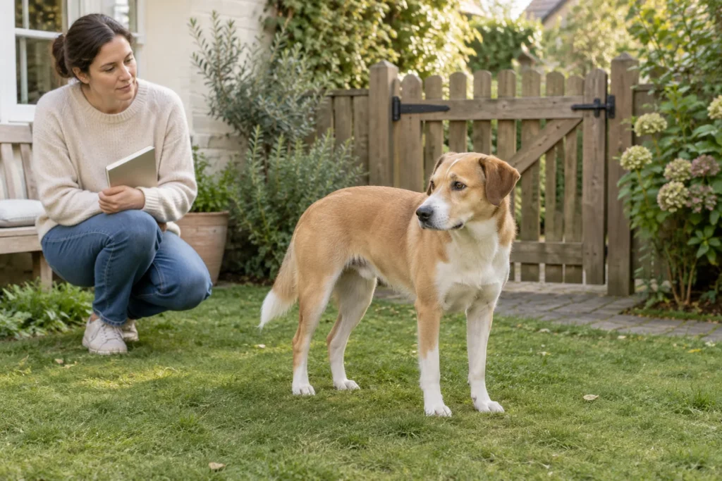 Ein braun weißer Hund steht in einem Garten an einem geschlossenen Holztor. Eine Frau schaut den Hund an und hält ein geschlossenes Notizbuch in der Hand.