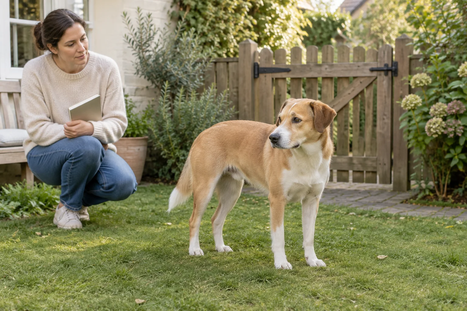 Ein braun weißer Hund steht in einem Garten an einem geschlossenen Holztor. Eine Frau schaut den Hund an und hält ein geschlossenes Notizbuch in der Hand.