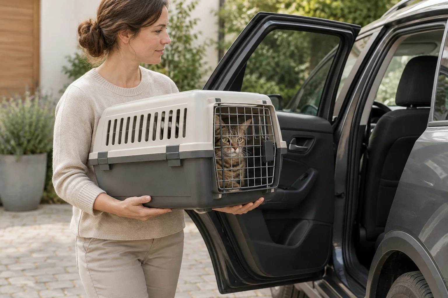 Eine Frau trägt mit beiden Händen eine geschlossene Transportbox mit einer Katze darin zu einem Auto mit geöffneter Hintertür.