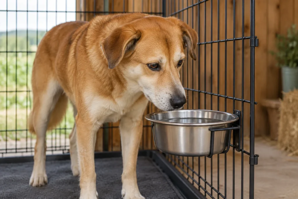 Brauner Hund in einer Hundebox aus Metall neben einem Wassernapf, der in einer Halterung am Gitter hängt.