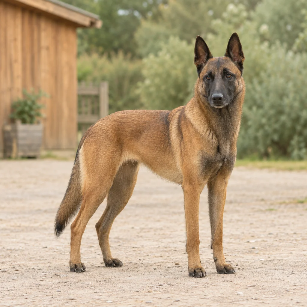 Ein kurzhaariger, rehfarbener Hund mit dunkler Maske und aufrecht stehenden Ohren steht mit vier sichtbaren Pfoten auf einem Hof.