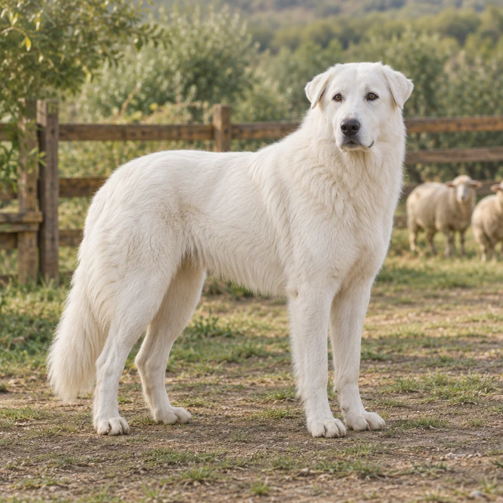 Illustration eines weißen Maremma Abruzzese Hirtenhundes an einer Einzäunung, mit Schafen im Hintergrund.