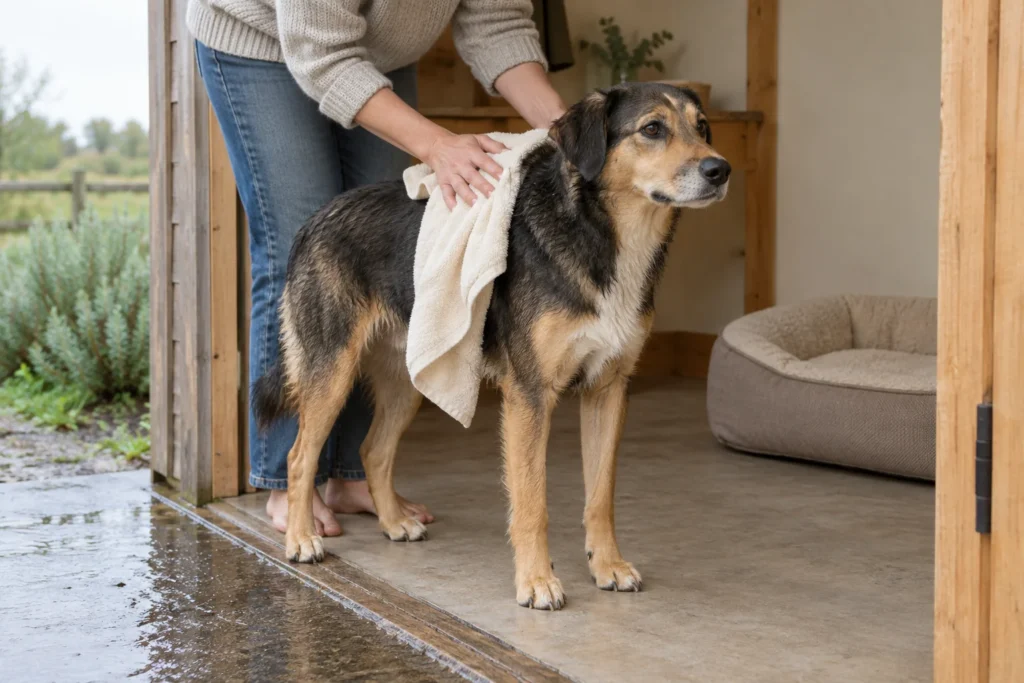Eine Person trocknet einen Hund an einer offenen Tür mit einem Handtuch ab. Draußen ist der Boden nass.