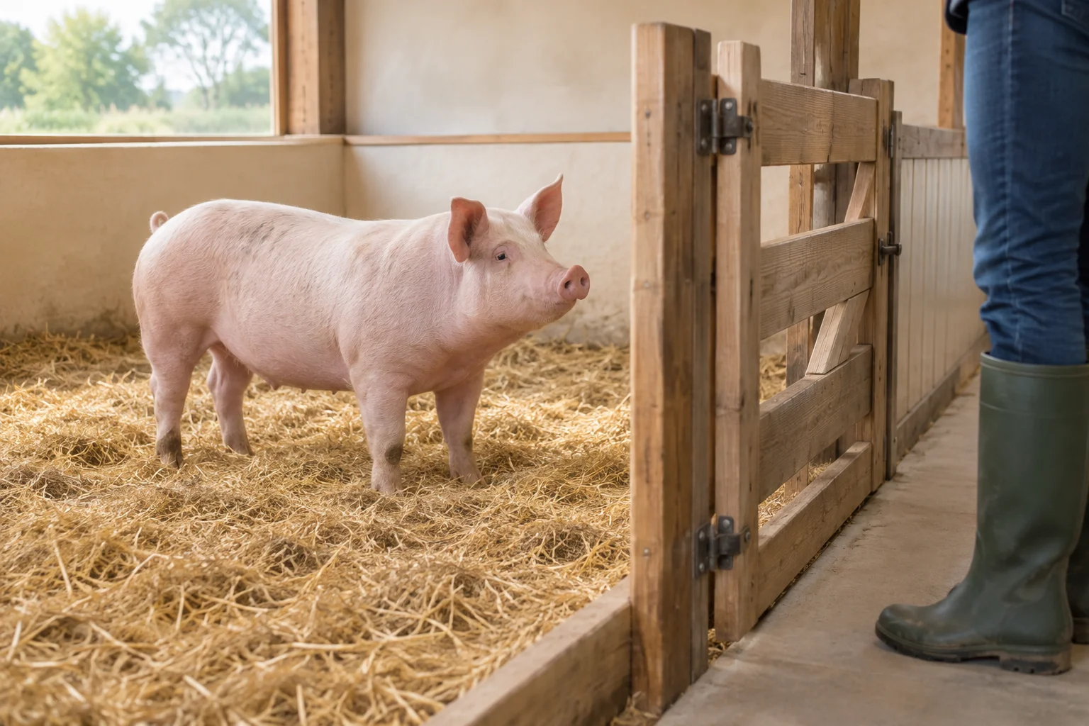 Rosa Schwein auf Stroh hinter einem geschlossenen Holztor, auf der anderen Seite steht eine Person mit Stiefeln.