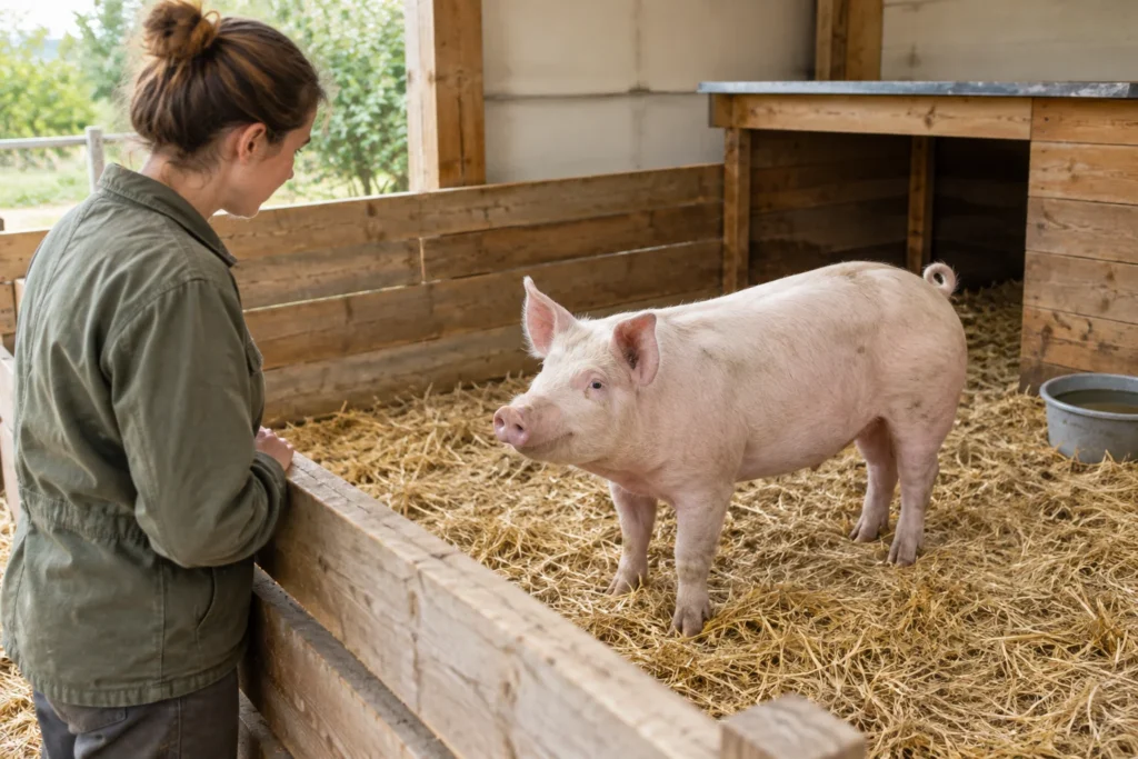 Eine Person betrachtet ein rosa Schwein in einem Holzstall mit Stroh und einer Wasserschale.