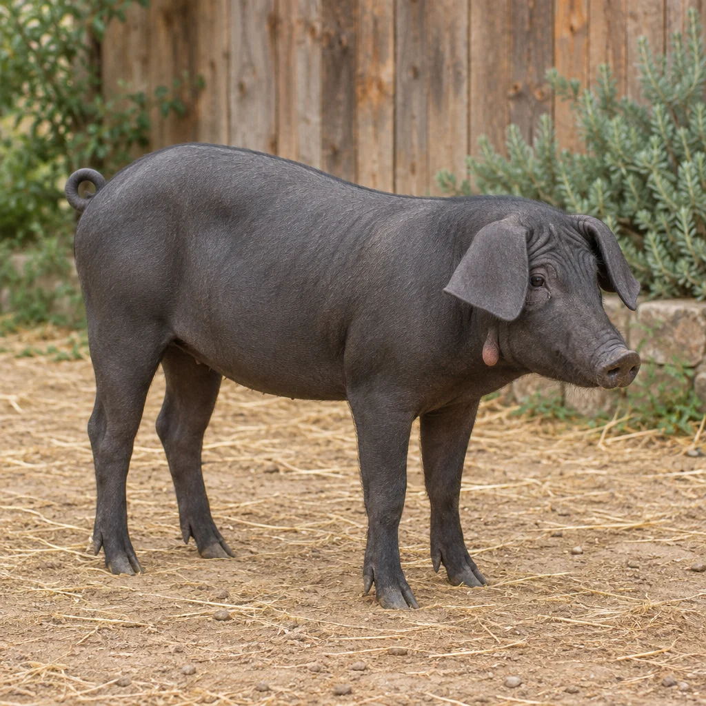 Dunkelgraues Schwein mit hängenden Ohren, einem sichtbaren Kehllappen und einem Ringelschwanz, das auf Erde und Stroh vor einer Holzwand steht.