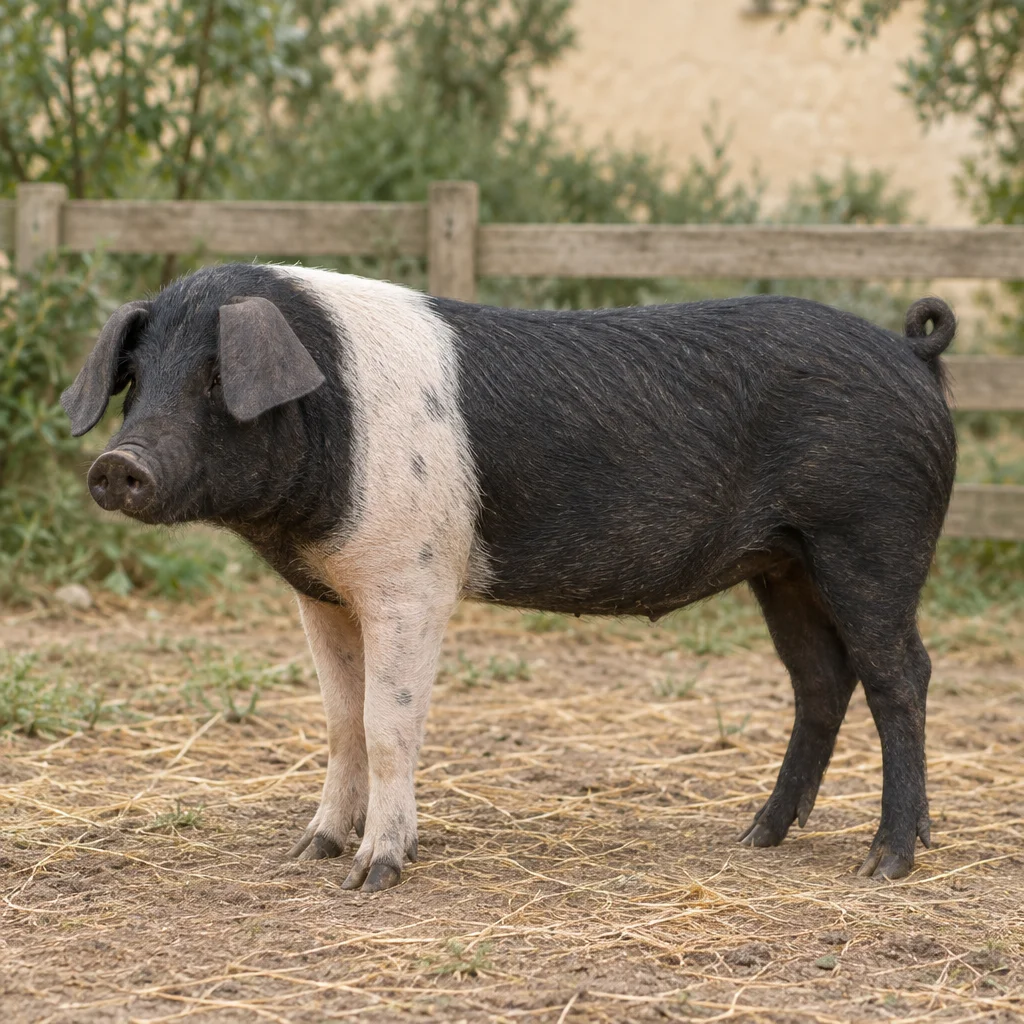 Schwarzes Schwein mit einem hellen Gürtel über Schultern und Vorderbeinen, das auf einem Hof vor einem Holzzaun steht.