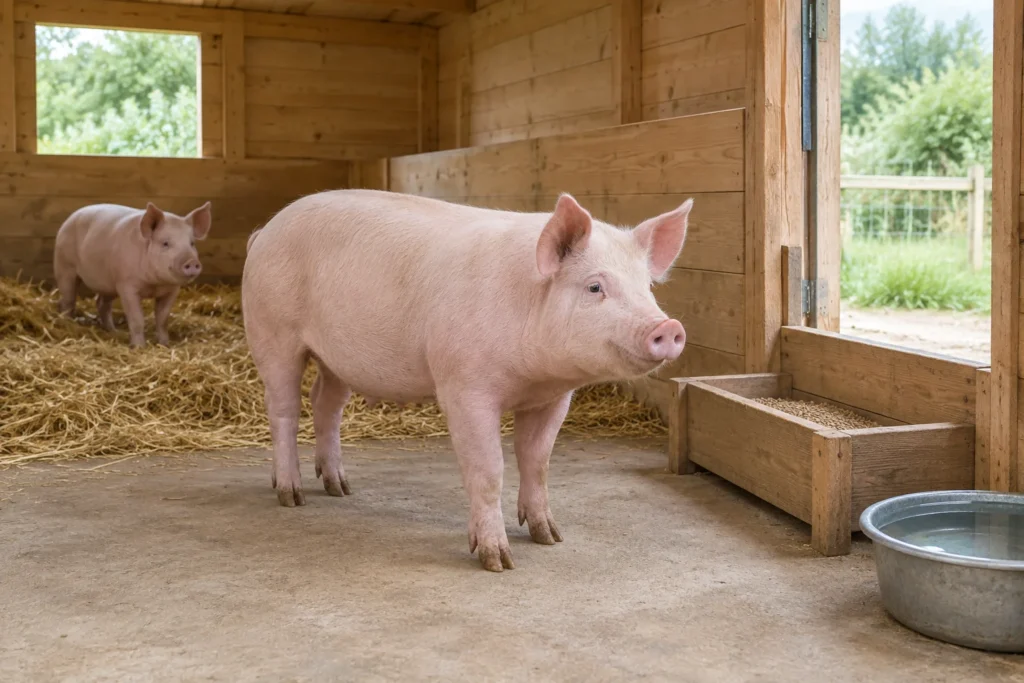 Zwei rosa Schweine in einem Holzstall mit Stroh, einem Futtertrog und einem Wassertrog.