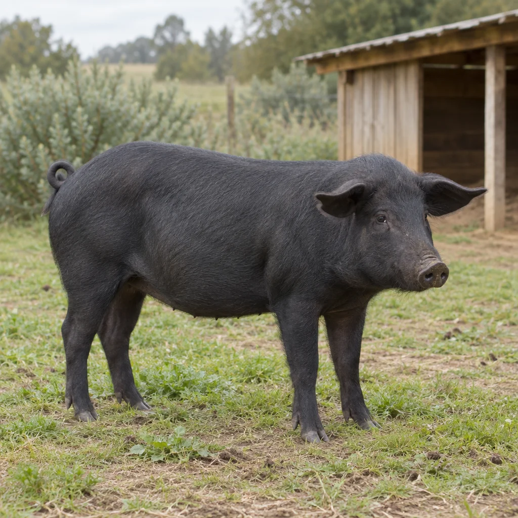Illustration eines schwarzen Schweins mit breiten Ohren auf einer Weide neben einem hölzernen Unterstand.