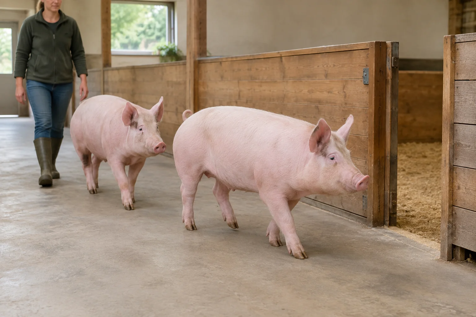 Zwei rosa Schweine gehen durch einen Stallgang an einer offenen Holzbucht vorbei, hinter ihnen eine Betreuungsperson.