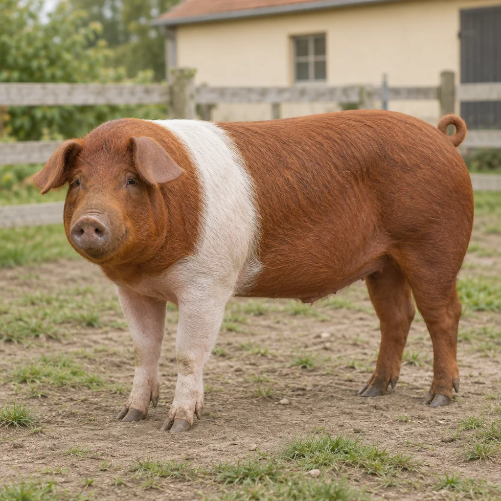 Ein rotes Schwein mit einem breiten weißen Band über den Schultern steht in einem umzäunten Auslauf; alle vier Beine sind sichtbar.