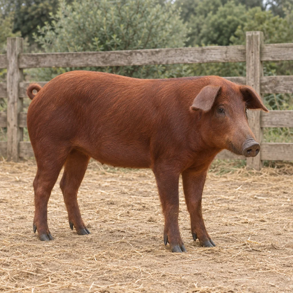 Illustration eines rotbraunen Schweins mit Merkmalen der iberischen Rasse in einem umzäunten Außenbereich.