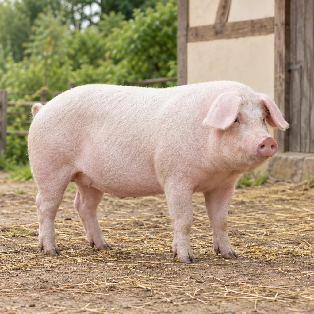 Großes, hellrosa Schwein mit weißen Borsten und Hängeohren steht mit allen vier sichtbaren Beinen auf einem Hof mit Stroh.