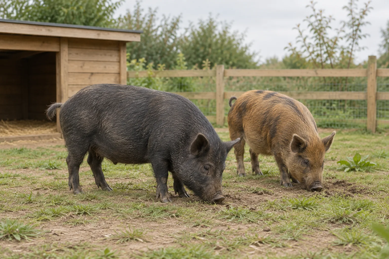 Zwei Schweine wühlen in einem umzäunten Auslauf neben einem hölzernen Unterstand.