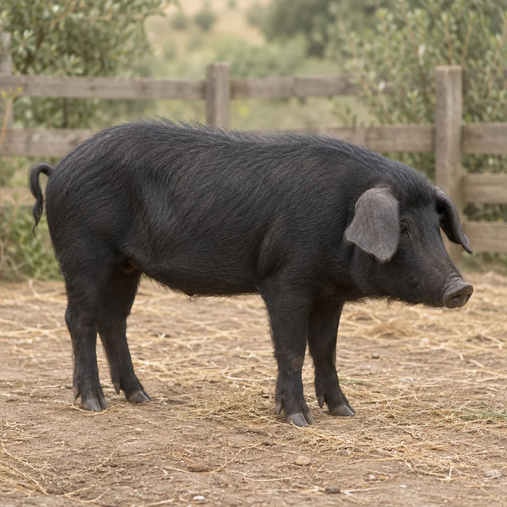 Ein schwarzes Schwein mit hängenden Ohren ist auf einem Hof mit Stroh vor einem Holzzaun vollständig zu sehen.