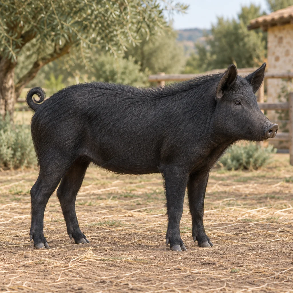 Illustration eines schwarzen Schweins mit aufgerichteten Ohren und borstigen Haaren entlang des Rückens in einem umzäunten Außenbereich.