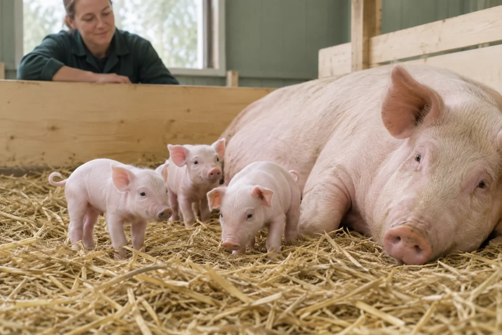 Drei kleine rosa Ferkel stehen auf Stroh neben einer liegenden Sau, während eine Betreuungsperson über die Abtrennung schaut.
