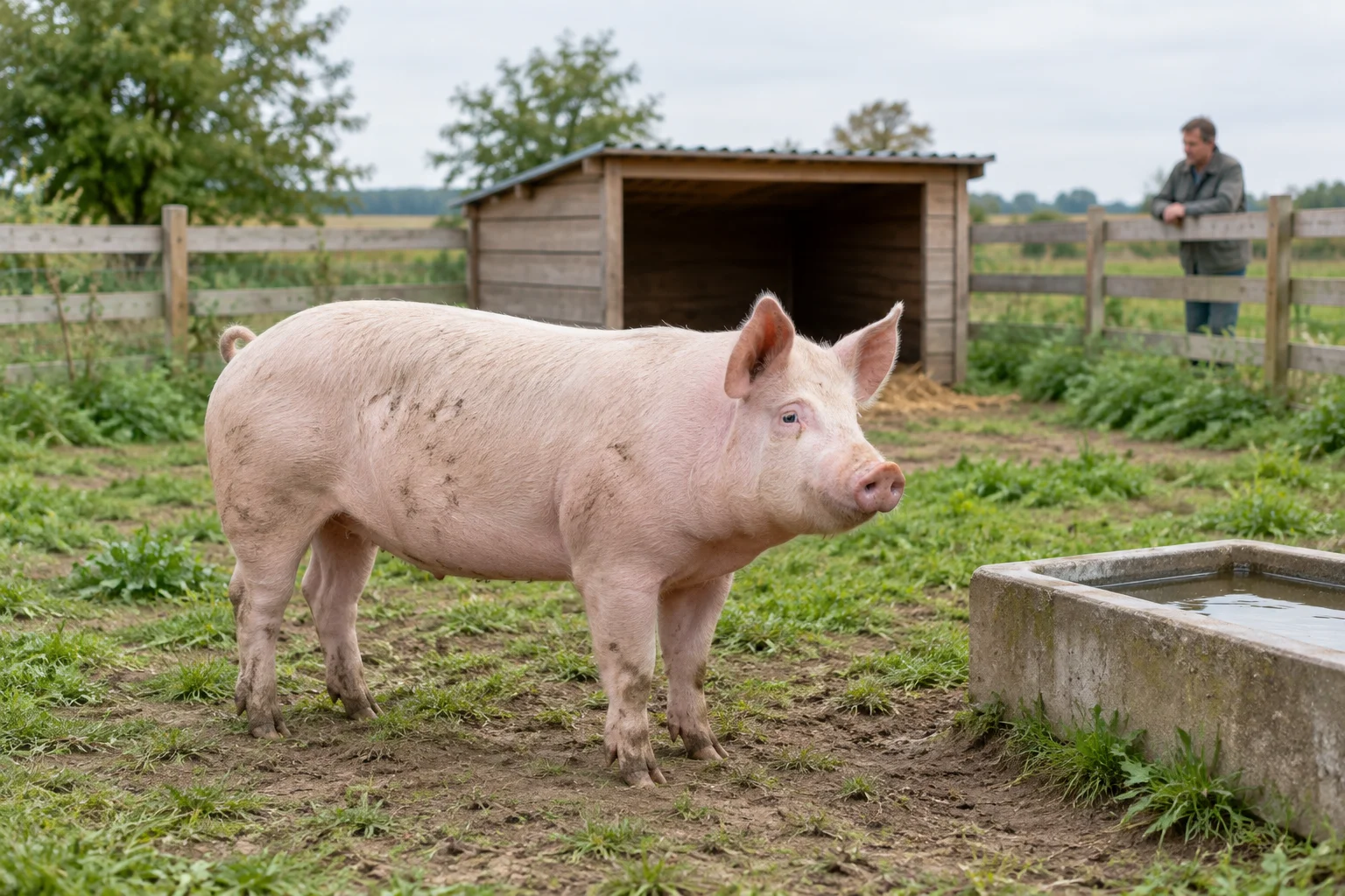 Ein hellrosa Schwein in einem grünen Auslauf bei einem Wasserbehälter und einem Unterstand aus Holz, mit einem Zaun und einer Person im Hintergrund.