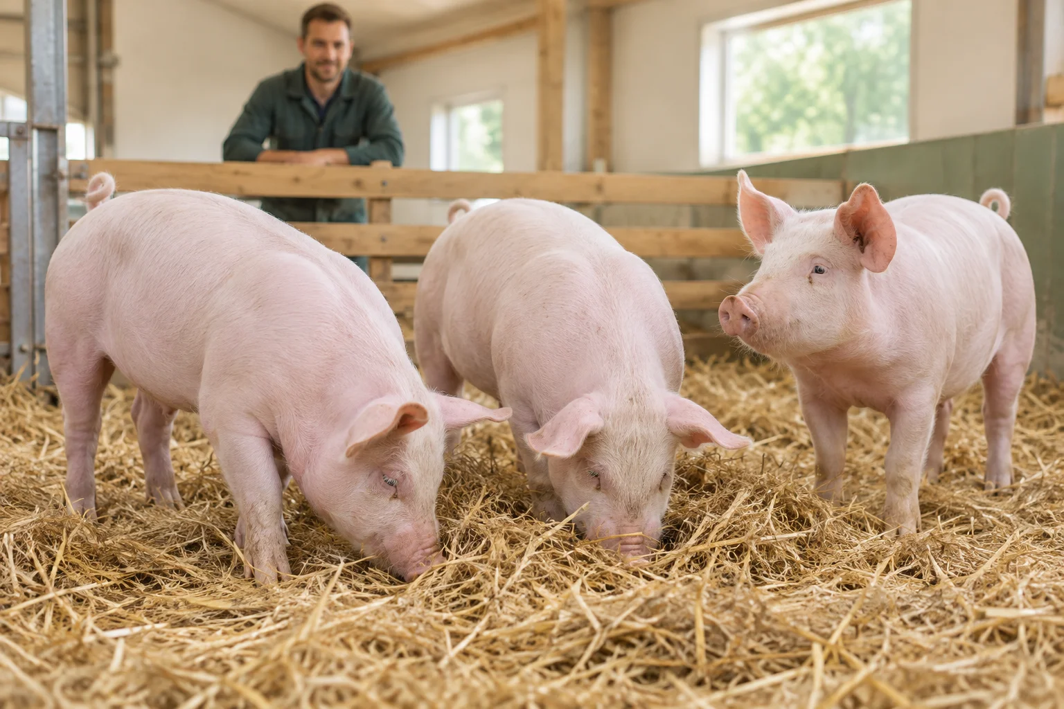Drei hellrosa Schweine stehen in einer Bucht mit Stroh. Zwei wühlen im Stroh, während ein Halter hinter der Abtrennung zusieht.