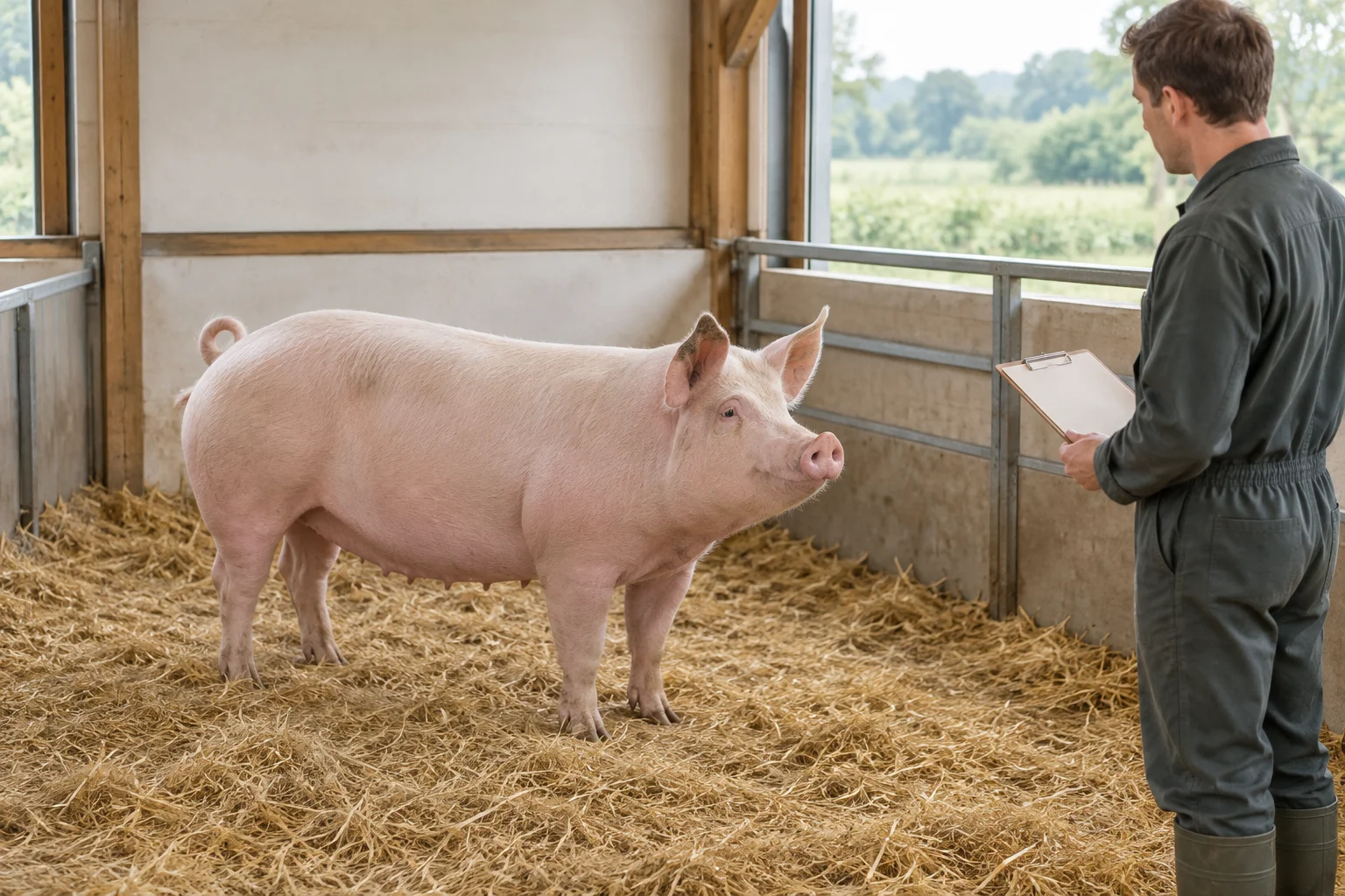 Ausgewachsenes rosa Schwein in einem Stall mit Stroh. Neben der Bucht betrachtet ein Halter das Tier und hält ein leeres Klemmbrett in der Hand.