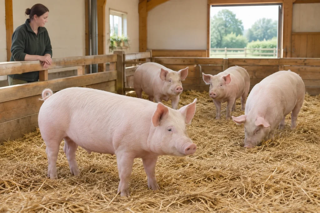 Eine Frau blickt über einen Holzzaun auf vier helle Schweine in einem Stall mit Stroh.