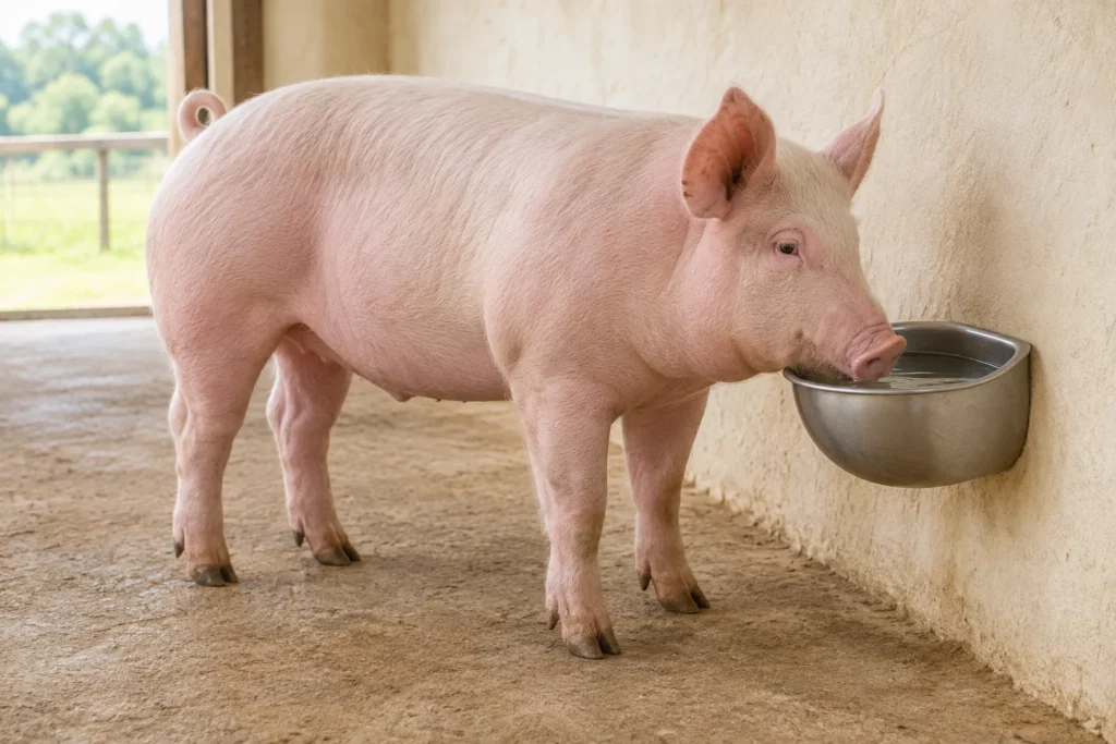 Rosa Schwein an einer mit Wasser gefüllten Tränke an der Wand.