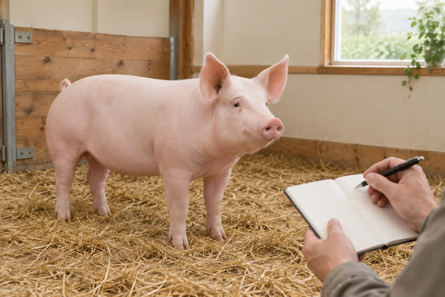 Ein rosafarbenes Schwein steht in einem Stall auf Stroh, während jemand einen Stift über ein leeres Notizbuch hält.