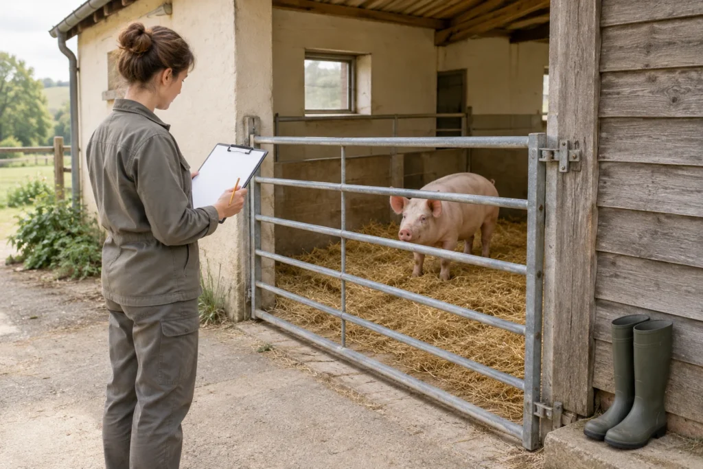 Eine Frau mit einem leeren Klemmbrett steht vor einem geschlossenen Tor. Dahinter steht ein Schwein in einem Stall mit Stroh; neben dem Tor stehen Gummistiefel.