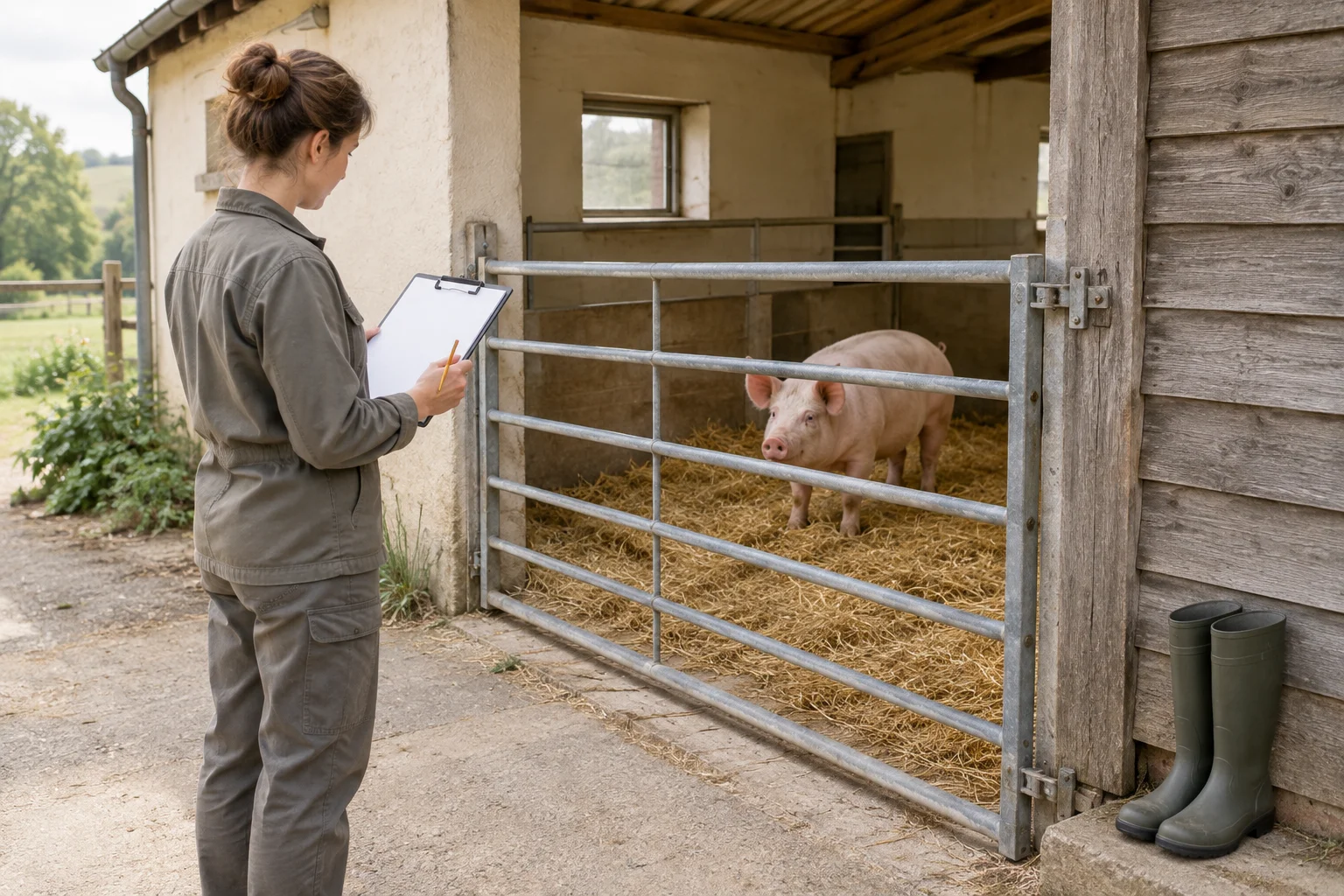 Eine Frau mit einem leeren Klemmbrett steht vor einem geschlossenen Tor. Dahinter steht ein Schwein in einem Stall mit Stroh; neben dem Tor stehen Gummistiefel.