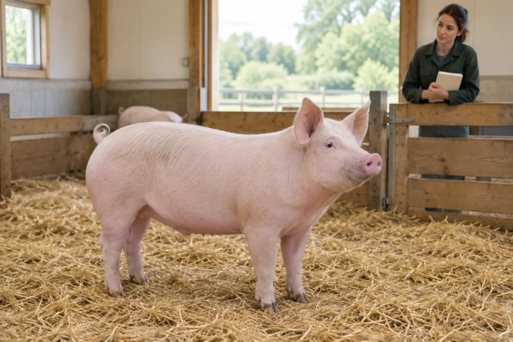Ein hellrosa Schwein steht auf Stroh in einem Stall aus Holz. Hinter einem Zaun schaut eine Frau mit einem geschlossenen Notizbuch in den Händen zu.