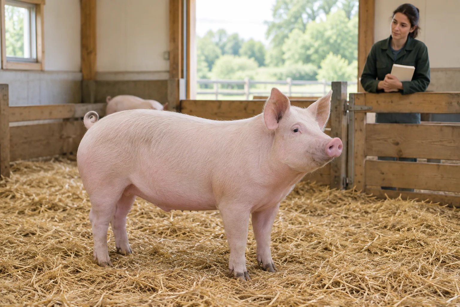 Ein hellrosa Schwein steht auf Stroh in einem Stall aus Holz. Hinter einem Zaun schaut eine Frau mit einem geschlossenen Notizbuch in den Händen zu.