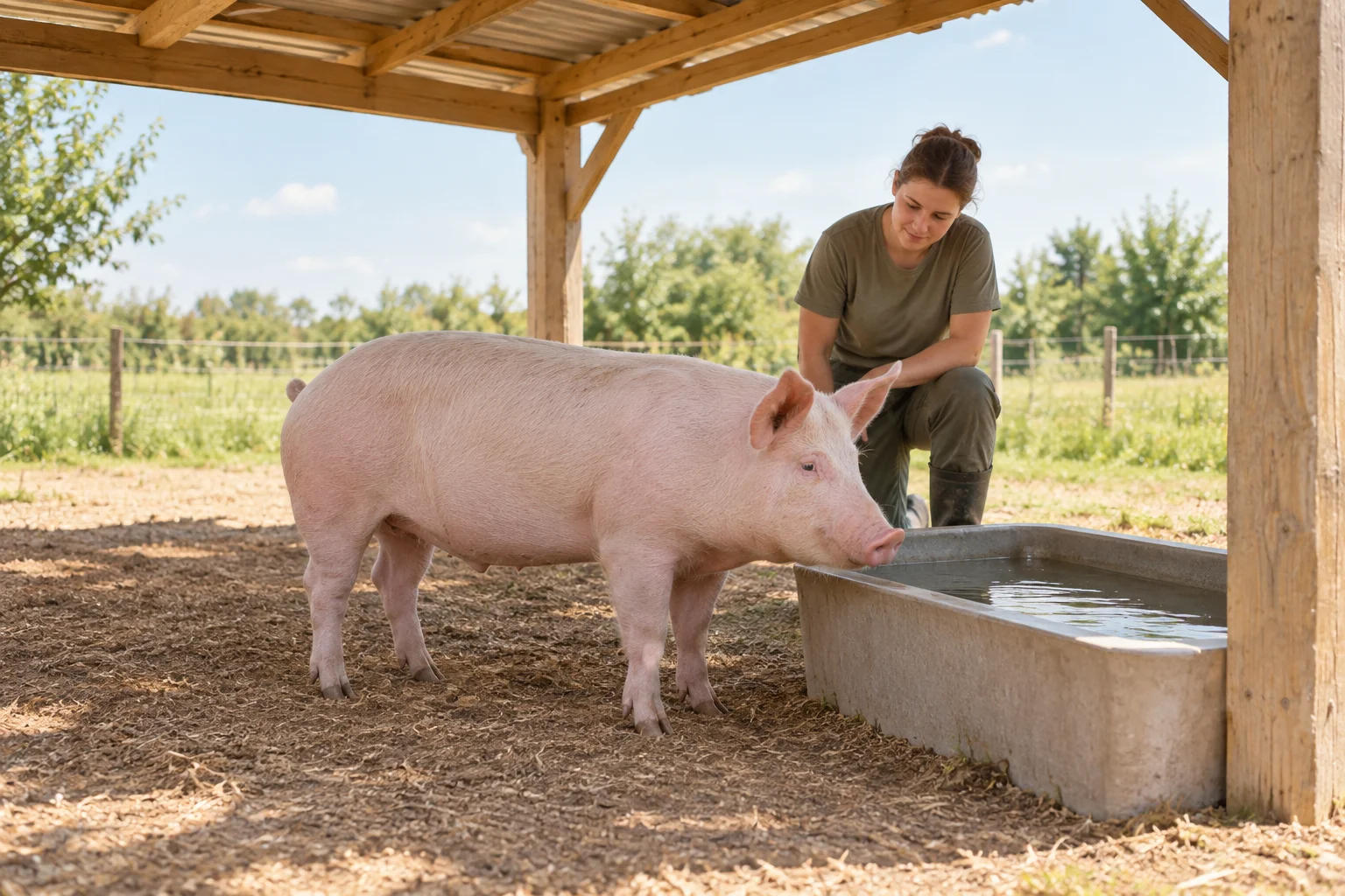 Ein hellrosa Schwein steht unter einem offenen Holzdach neben einem Wassertrog, während eine Betreuungsperson zusieht.