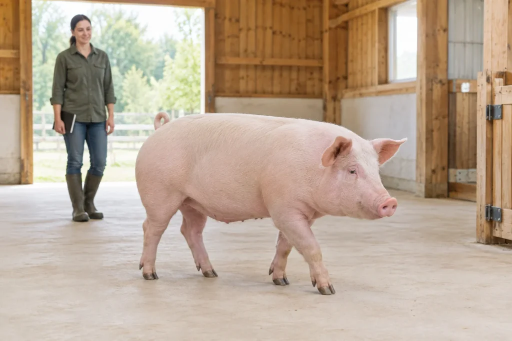 Ein rosa Schwein läuft durch einen hellen Stall, während eine Betreuungsperson aus der Ferne zusieht. Alle vier Beine und Klauen sind sichtbar.