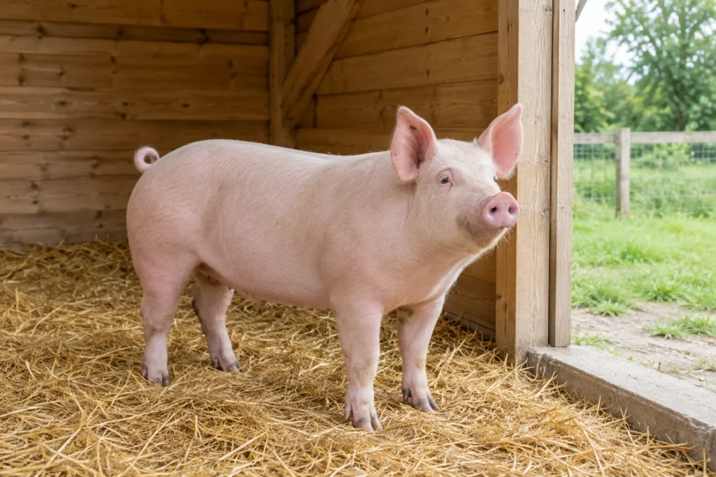 Ein hellrosa Schwein steht auf Stroh in einem hölzernen Unterstand neben einem offenen Durchgang zu einem eingezäunten grünen Außenbereich.